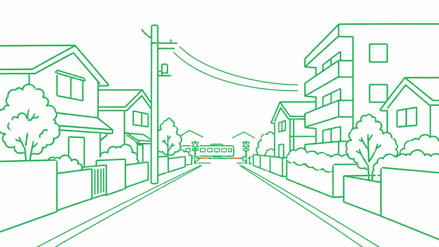 低層の住宅が並ぶ郊外の街並みと、遠くの踏切と電車の線画