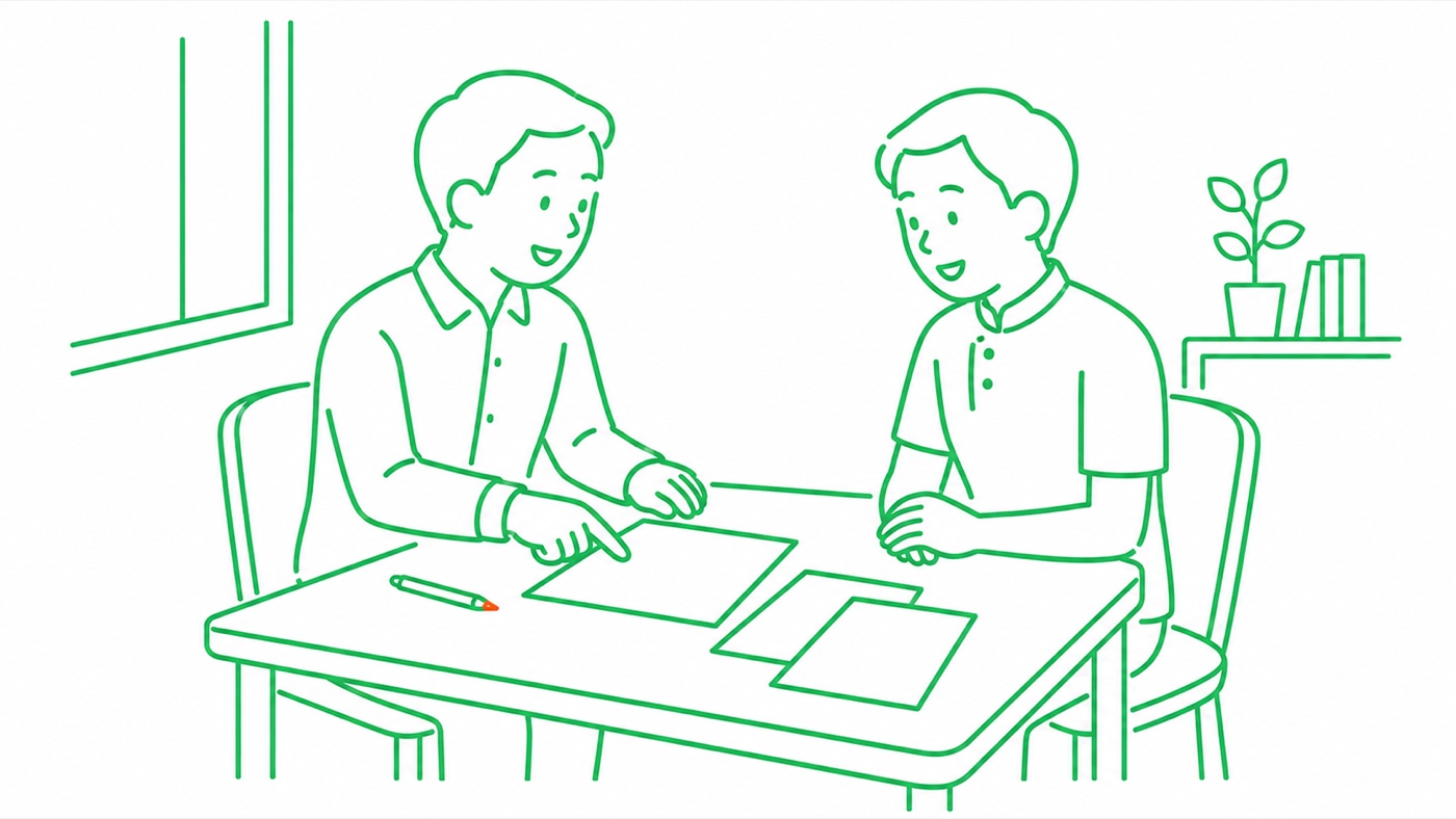 ケアマネジャーと施術者が書類を見ながら打ち合わせしている線画