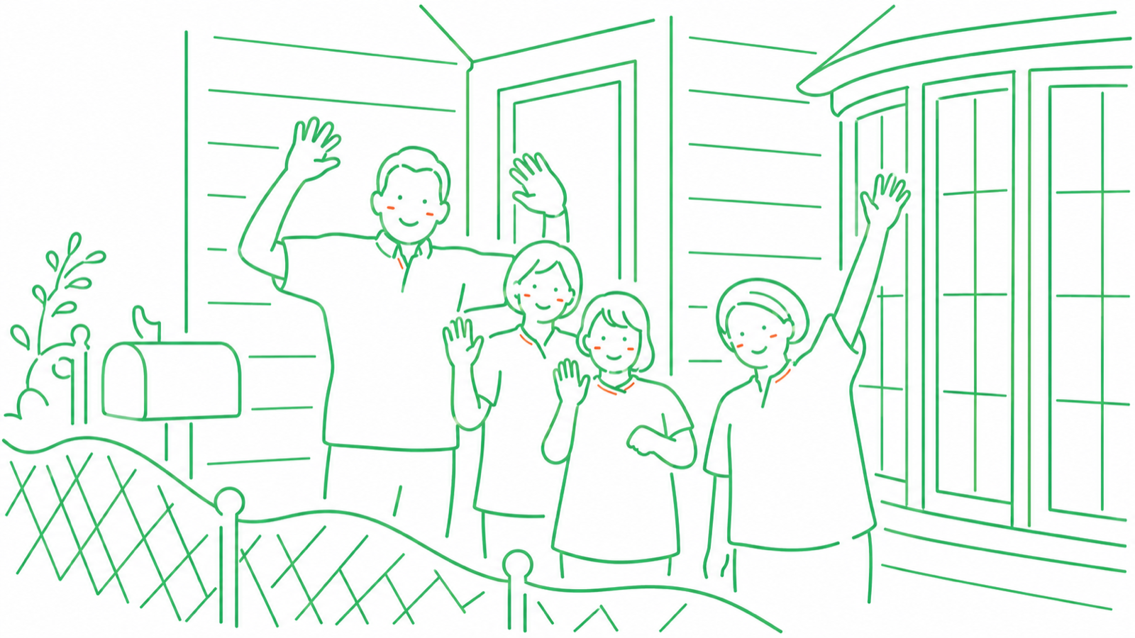 施術者たちが施術所の前で手を振っている線画イラスト